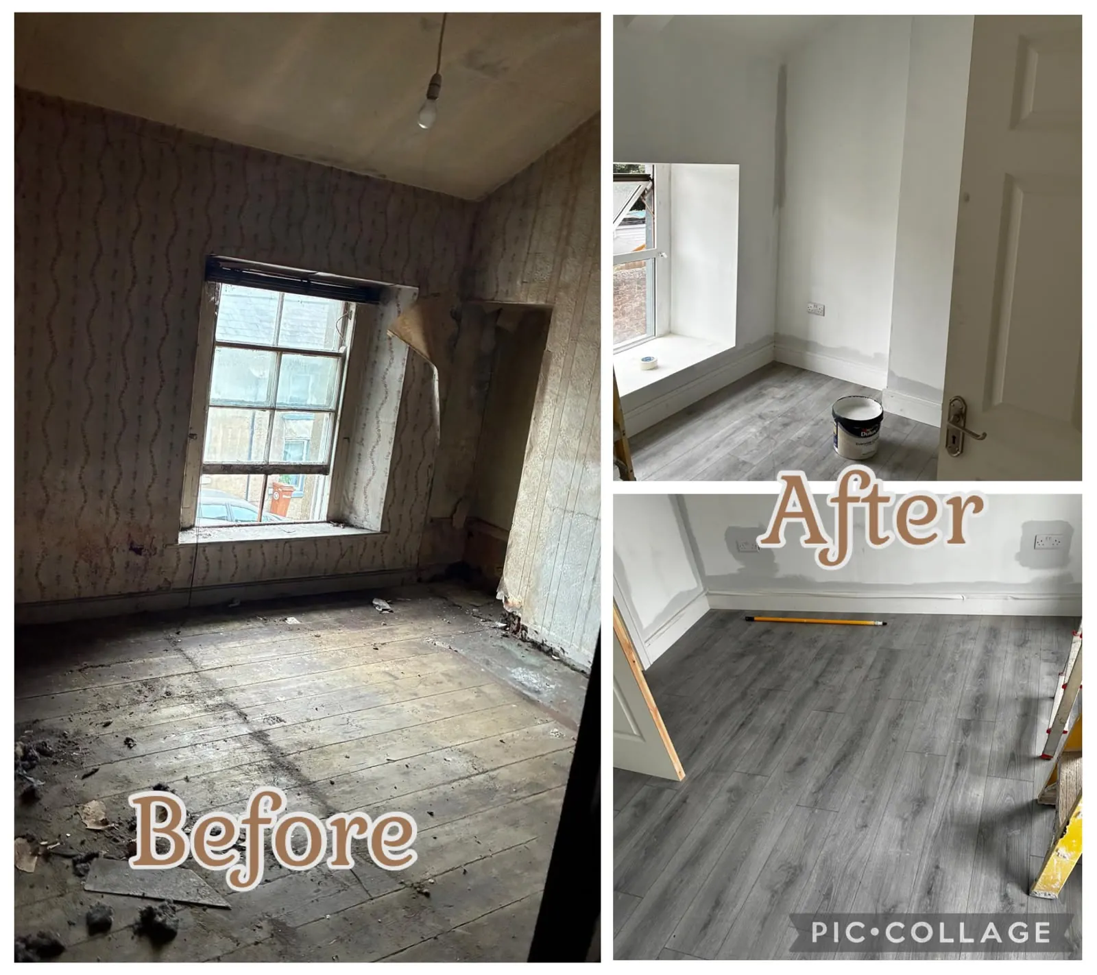 Before and after of a room stripped back and fitted with new grey laminate flooring