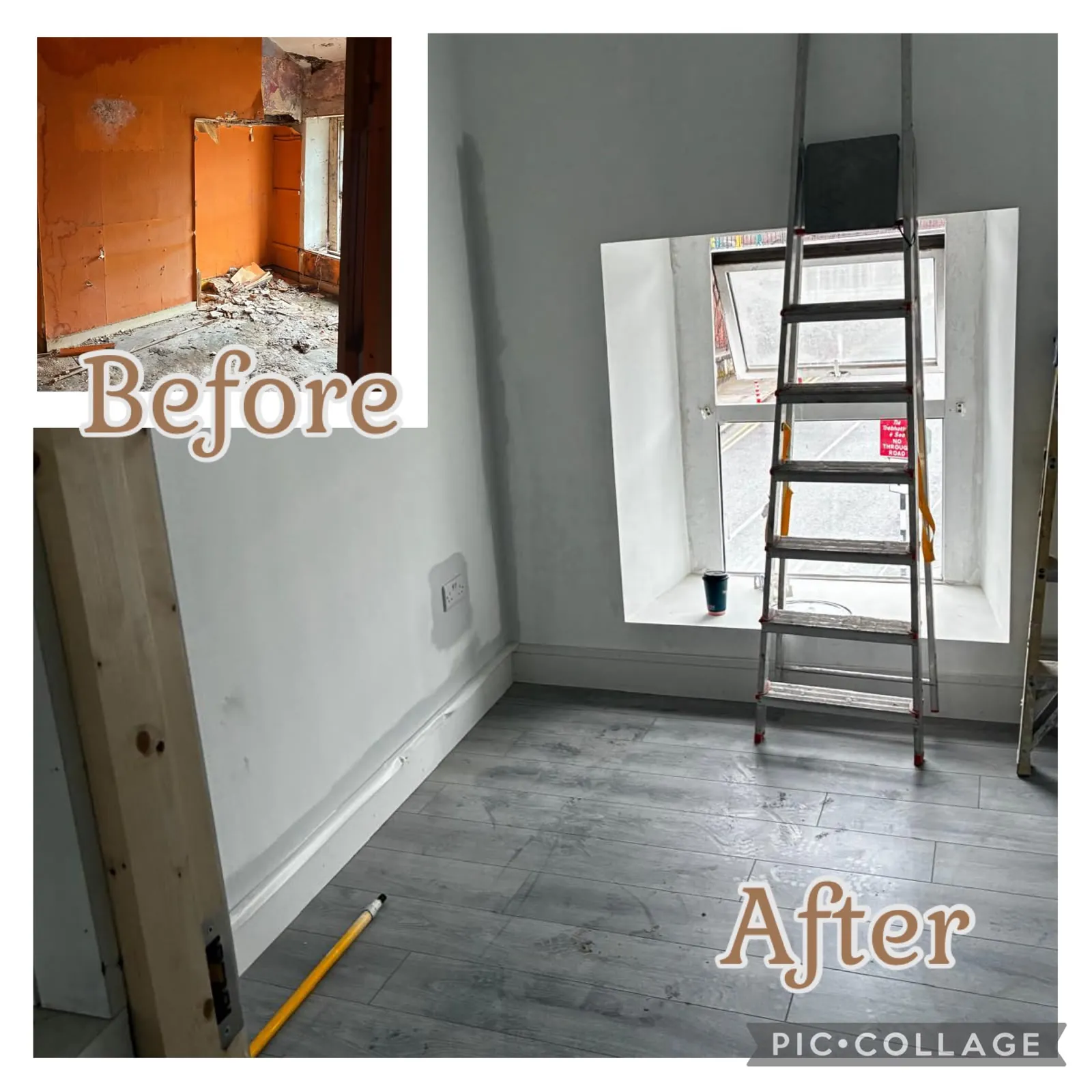 Before and after of a period room re-plastered, painted and re-floored